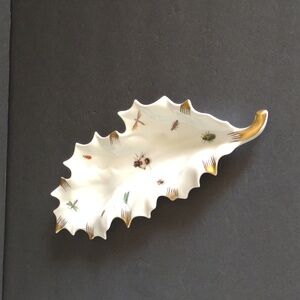 France Porcelain Pate de Limoges Couleuvre Insects Bee Leaf Shape Dish VTG Decor